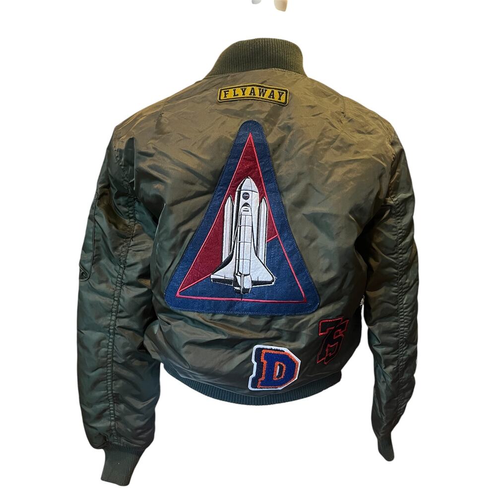 Zara 1975 Bomber Jacket Mens Medium Olive Green Space Patches Embroidered